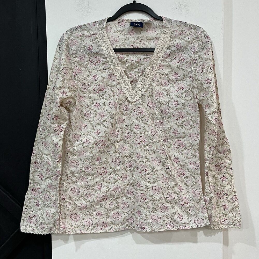 Y2K Fairy Cottagecore Longsleeve Eyelet Lace Up Top Embroidery Size Small